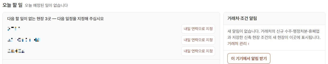 오늘현장 홈의 오늘 할 일 칸에서 다음 할 일이 없는 현장 3곳과, 오른쪽 거래처·조건 알림 칸에 거래처의 신규 수주·행정처분·휴폐업과 저장한 신축 현장 조건의 새 현장이 표시된다는 안내와 이 기기에서 알림 받기 버튼이 나온 모습