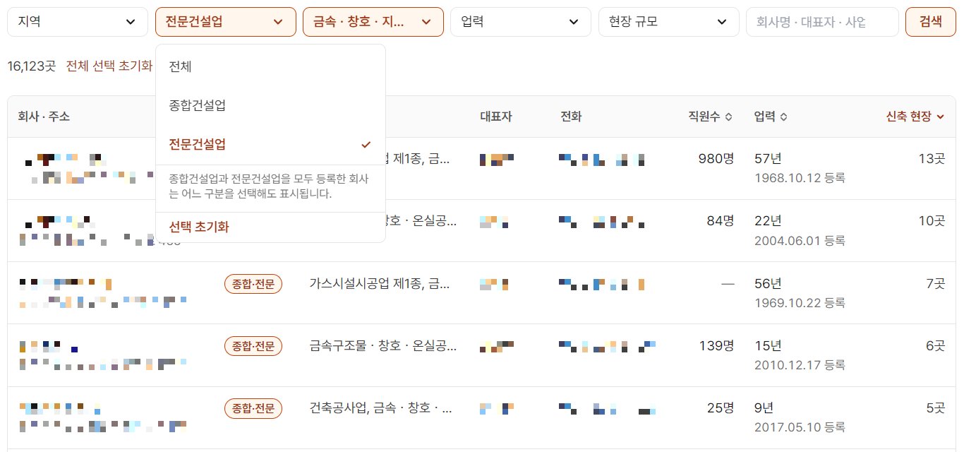 오늘현장 건설업체 DB에서 구분 필터를 연 화면. 판에 전체, 종합건설업, 전문건설업(선택됨)이 있고 종합건설업과 전문건설업을 모두 등록한 회사는 어느 구분을 선택해도 표시됩니다라는 안내가 있으며, 위에는 지역·전문건설업·금속·창호·지붕·건축물조립·업력·현장 규모 필터와 16,123곳이라는 결과 수, 아래 표에는 구분 칸의 종합·전문 표시와 업종·직원수·업력·신축 현장 칸이 보인다