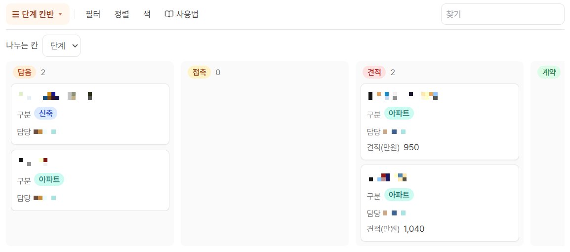 현장 영업 표를 단계 칸반 뷰로 본 화면. 나누는 칸이 단계이고 담음 2, 접촉 0, 견적 2, 계약 칸이 나란히 있으며, 담음 칸에 구분이 신축인 카드와 아파트인 카드가 있고 견적 칸 카드에는 견적(만원)도 적혀 있다