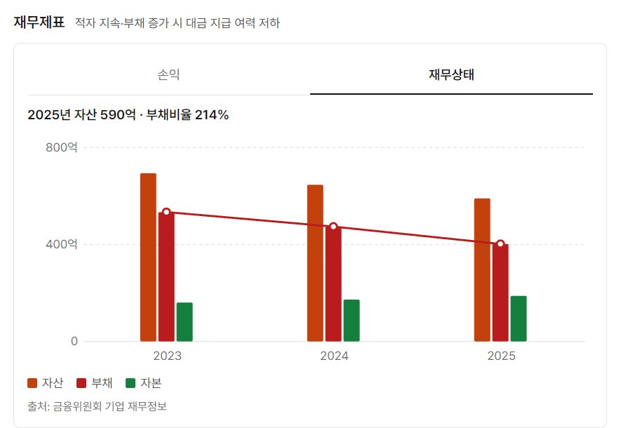오늘현장 회사 상세의 재무제표 칸에서 손익과 재무상태 가운데 재무상태를 고른 화면. 2025년 자산 590억 · 부채비율 214%라는 한 줄 아래에 2023년부터 2025년까지 자산·부채·자본 막대와 부채 꺾은선이 있고, 출처는 금융위원회 기업 재무정보라고 적혀 있다