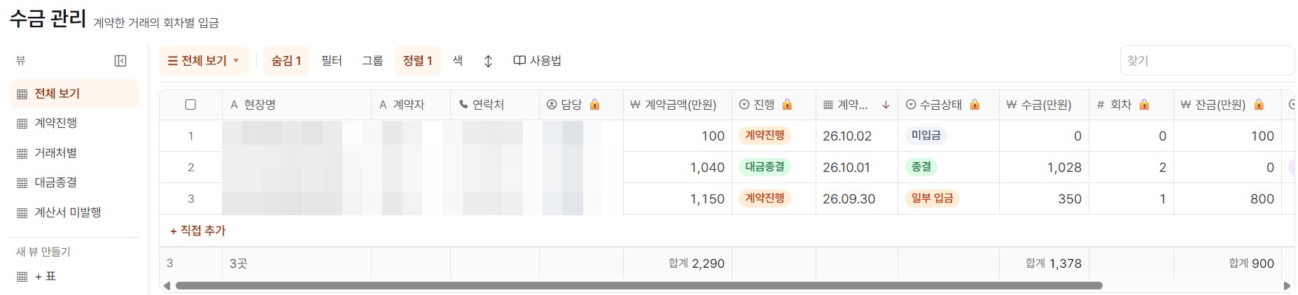 오늘현장 수금 관리 표에 계약 세 건의 계약금액, 진행 단계, 수금상태(미입금·종결·일부 입금), 받은 금액, 회차, 잔금과 합계가 나온 모습